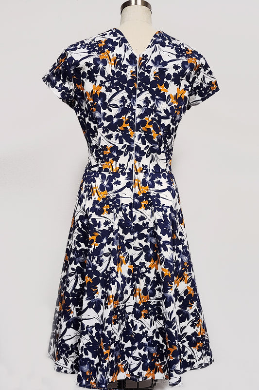 Robe Magda - Bengaline Fleurie Marine et Blanc