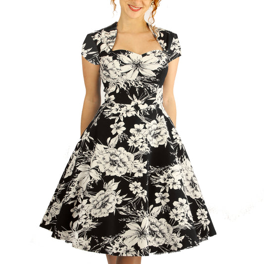 Robe Magda - Bengaline Fleurie Noir et Blanc