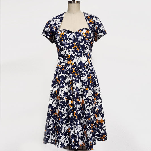 Robe Magda - Bengaline Fleurie Marine et Blanc