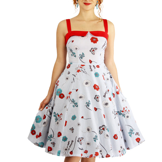 Robe Sally - Bleu Floral et Rouge