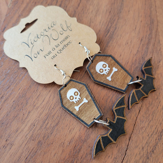 Boucles d'Oreilles Cercueil et Chauve-Souris