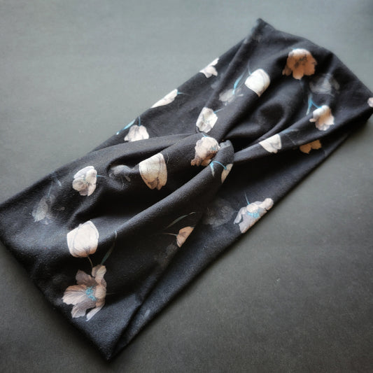 Bandeau à noeud Noir à Fleurs Blanches