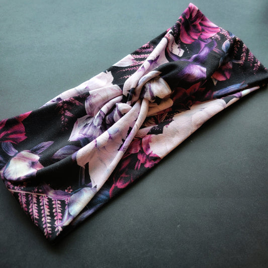 Bandeau à noeud Noir à Fleurs Mauves